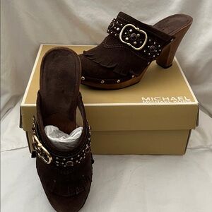 Michael Kors Dark Brown Clogs with Gold Buckle